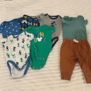 Disney Baby Onesies Set of 5- Blue, Green, Gray with Bonus Carter’s Outfit